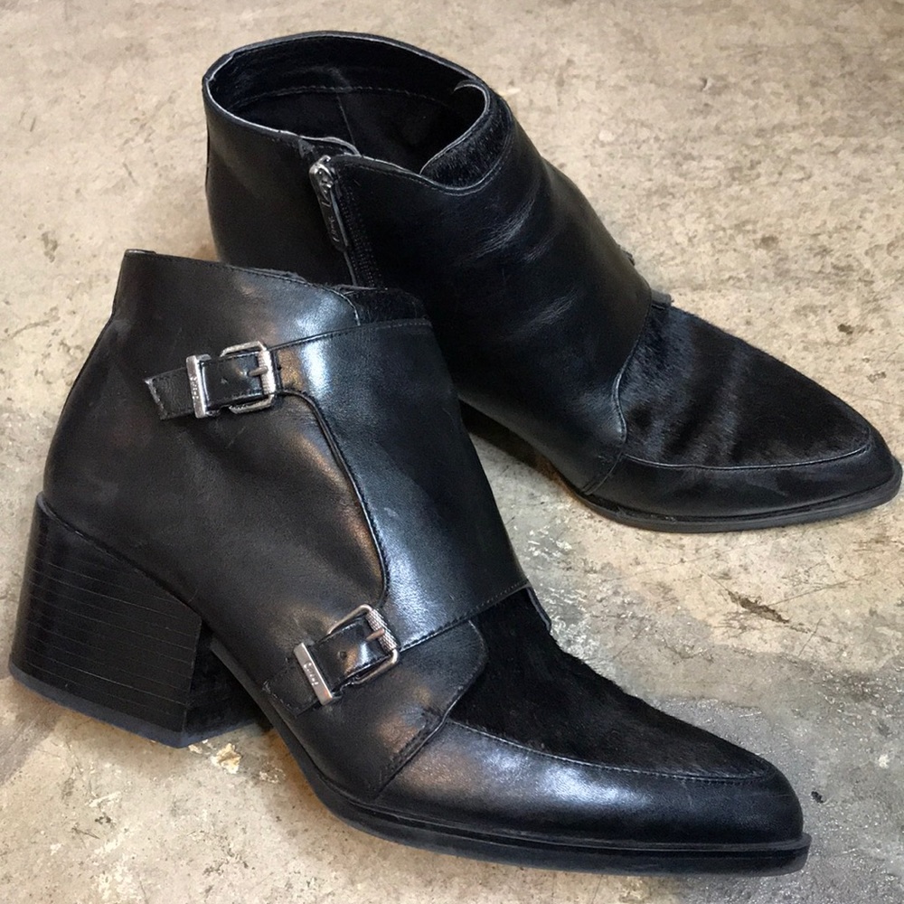 Sam Edelman cowhide fur leather black booties